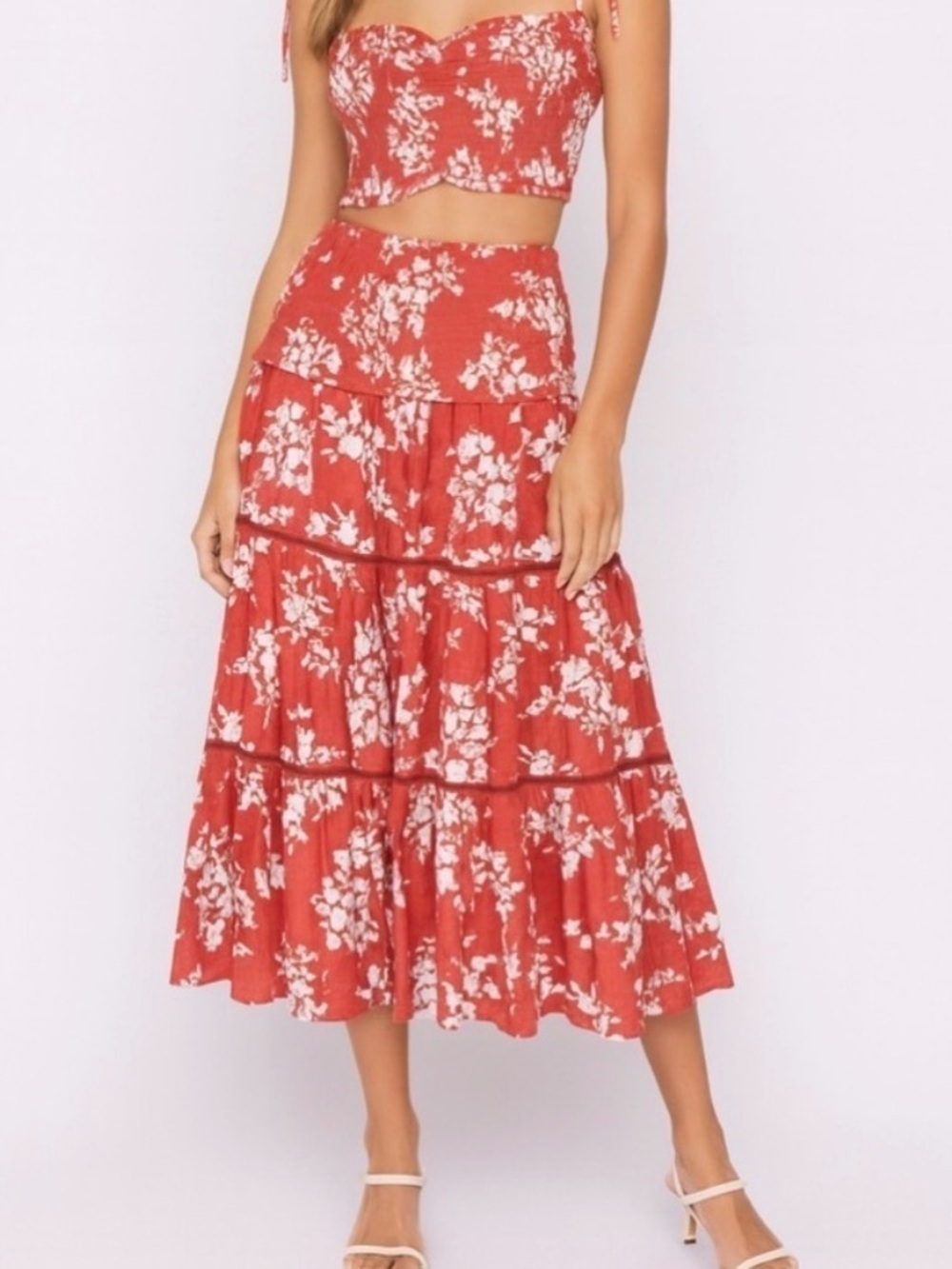 House of Harlow 1960 Linen Blend Tiered Floral Midi Skirt Medium